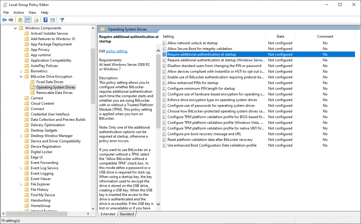 The gpedit utility displays Bitlocker settings for Operating System drives